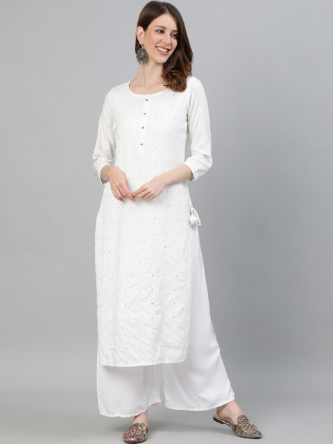 

Ishin Women Rayon White Embellished A-Line Kurta