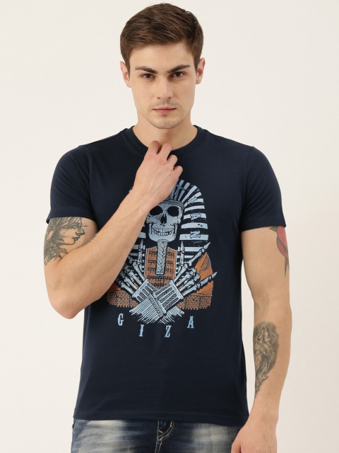 

QUANCIOUS Men Navy Blue Striped Polo Collar Sustainable T-shirt
