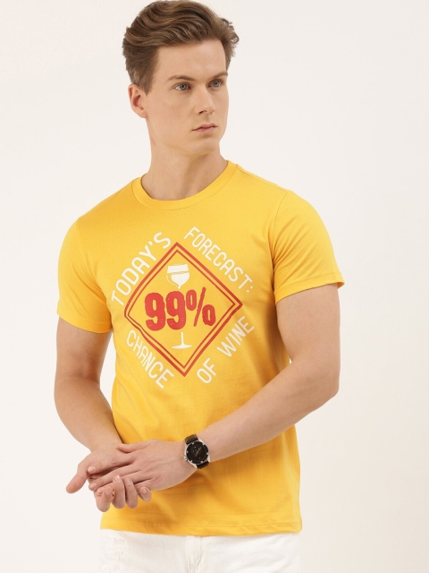 

QUANCIOUS Men Mustard Printed Round Neck T-shirt