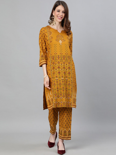 

Ishin Women Mustard Printed Kurta with Trousers