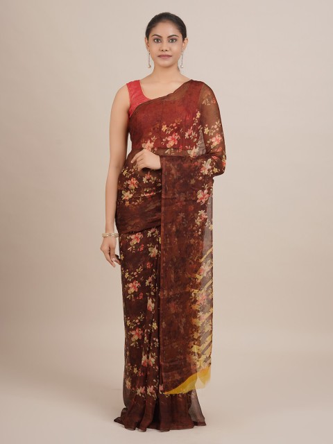 

Pothys Brown Printed Poly Georgette Saree