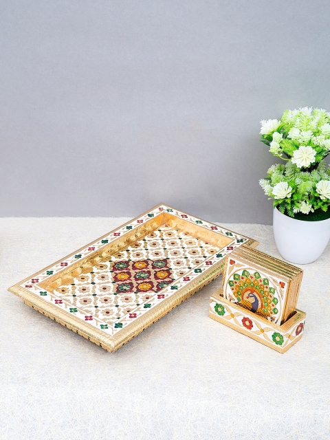 

Golden Peacock White & Gold Set of 8 Meenakari Wooden Tray & Coasters with Stand