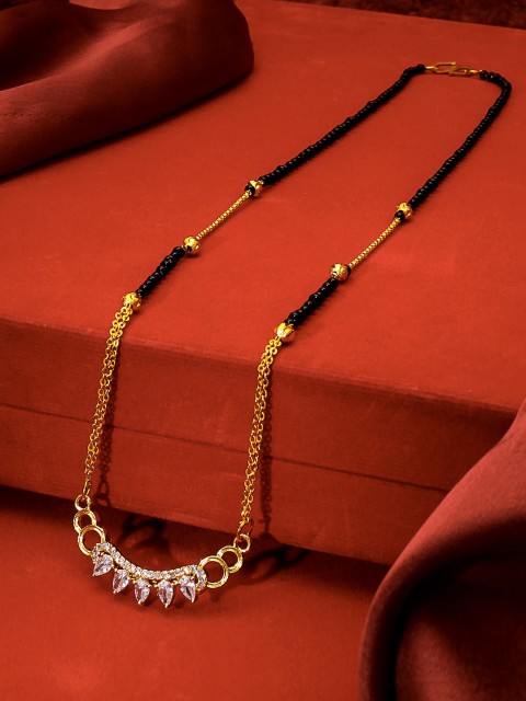 

aadita Gold-Plated Black Beaded White AD-Studded Mangalsutra