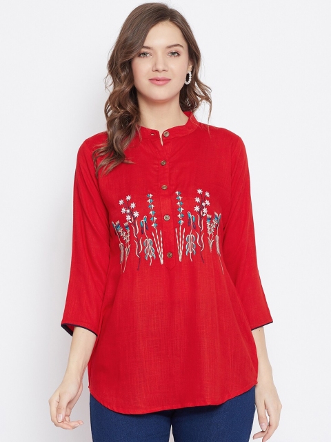 

Baani Creations Red Floral Embroidered Mandarin Collar Regular Top