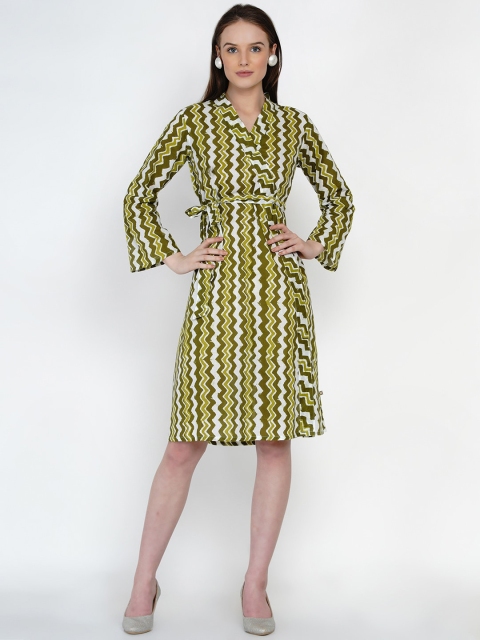 

FABNEST Women Olive Green & White Pure Cotton Chevron Printed Wrap Dress
