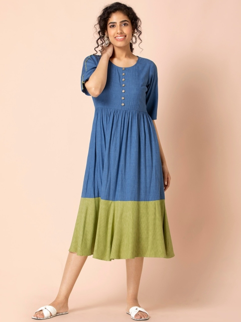 

Earthen BY INDYA Indigo Green Colorblock A-Line Dress, Blue