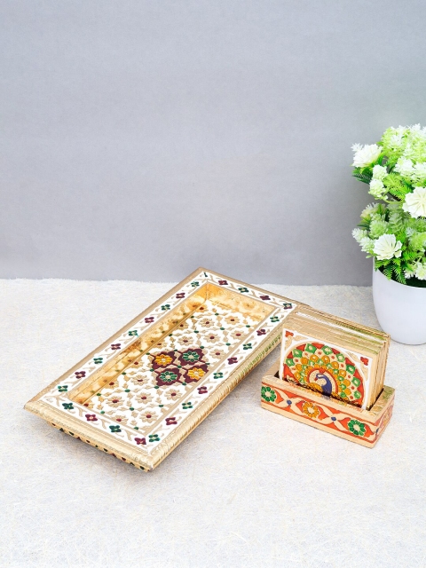 

Golden Peacock White & Gold Set of 6 Coasters with Meenakari Wooden Tray & Stand
