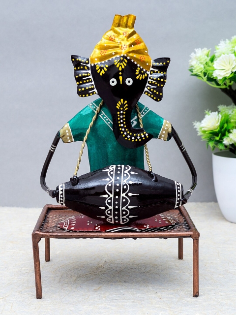 

Golden Peacock Green & Yellow Lord Ganesh Playing Dholak Musical Instrument Showpiece