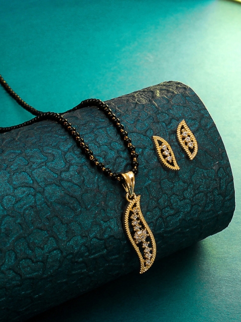 

aadita Gold & Black American Diamond Mangalsutra with Earrings