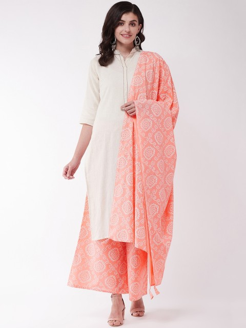 

InWeave Women Off-White & Peach-Coloured Solid Kurta with Palazzos & Dupatta