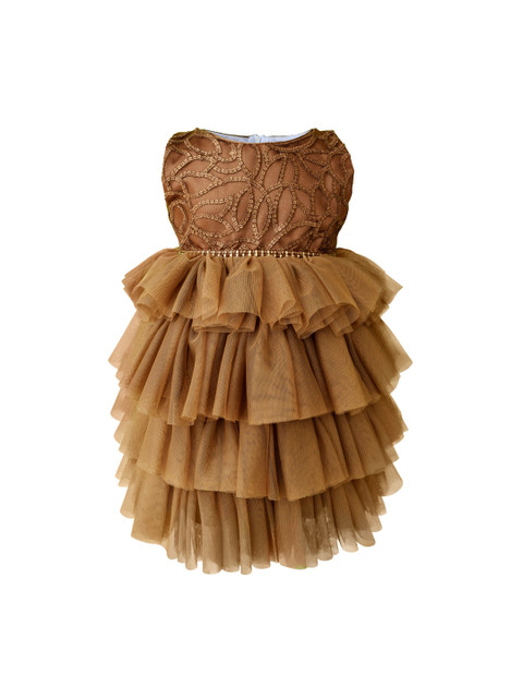 

Faye Girls Brown Self Design Layered Net Fit and Flare Dress