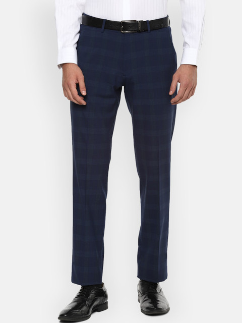 

Louis Philippe Men Navy Blue Regular Fit Checked Formal Trousers