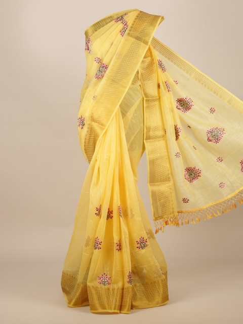 

Pothys Yellow & Pink Jute Silk Embroidered Saree
