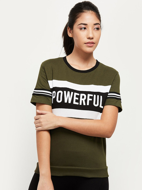 

max Women Green & White Pure Cotton Striped Round Neck T-shirt