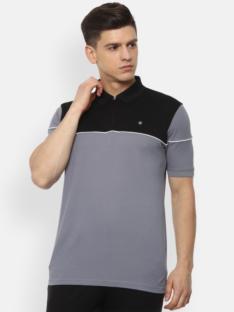 

Louis Philippe Men Grey & Black Colourblocked Polo Collar T-shirt