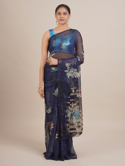 

Pothys Blue & Brown Poly Georgette Floral Printed Saree