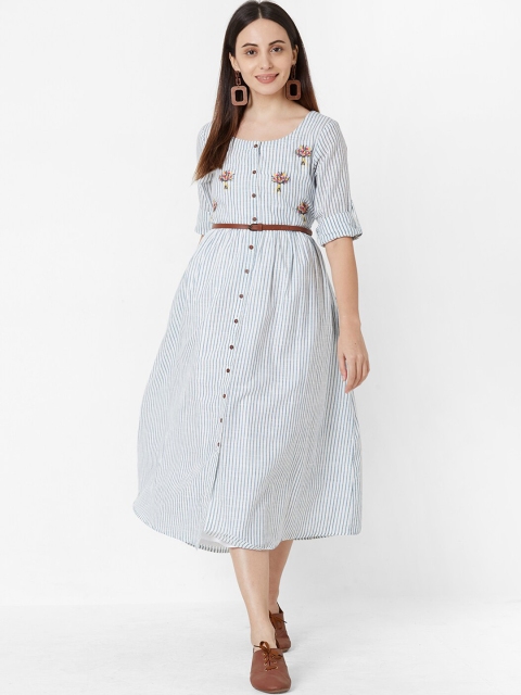 

ZOLA Women White Striped Fit and Flare Cotton Dress