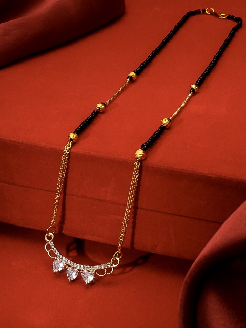 

aadita Gold-Plated Black & White AD-Studded & Beaded Mangalsutra