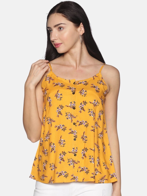 

Saffron Threads Mustard Yellow Floral Printed Regular Top