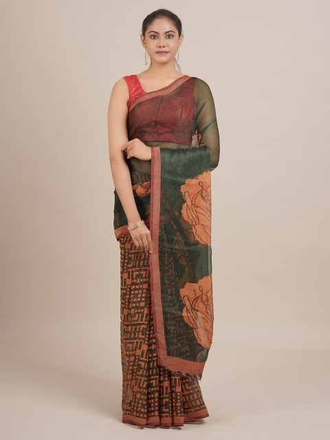 

Pothys Green & Peach-Coloured Poly Georgette Printed Saree