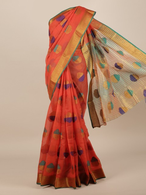 

Pothys Orange & Blue Jute Silk Woven Design Saree