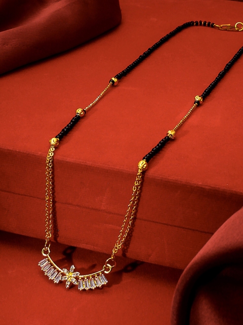 

aadita Gold-Plated Black & White AD-Studded & Beaded Mangalsutra