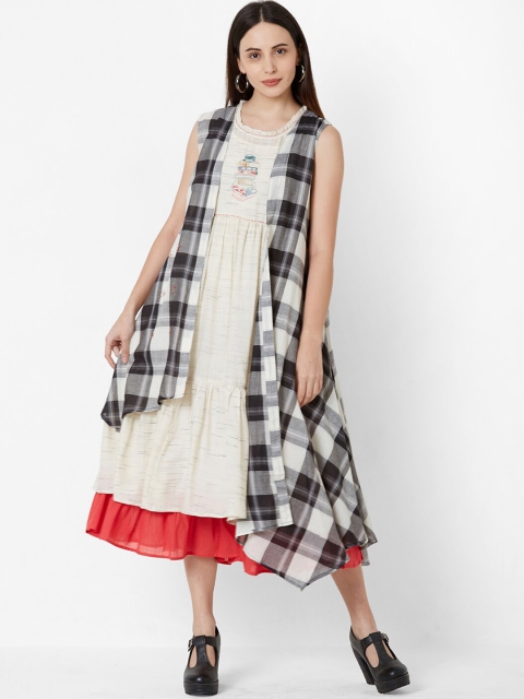 

ZOLA Women Off-White & Black Solid Cotton Layered Fit and Flare Dress