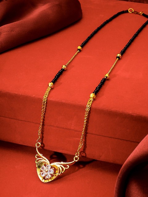 

aadita Gold-Plated Black & White AD-Studded & Beaded Mangalsutra
