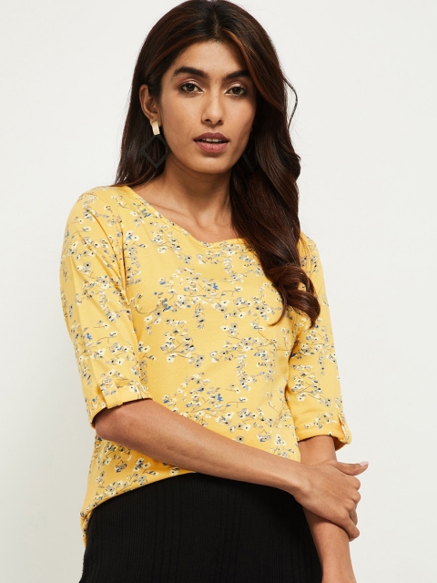 

max Women Yellow & Grey Ditsy Floral Print Roll-Up Sleeves Pure Cotton Regular Top