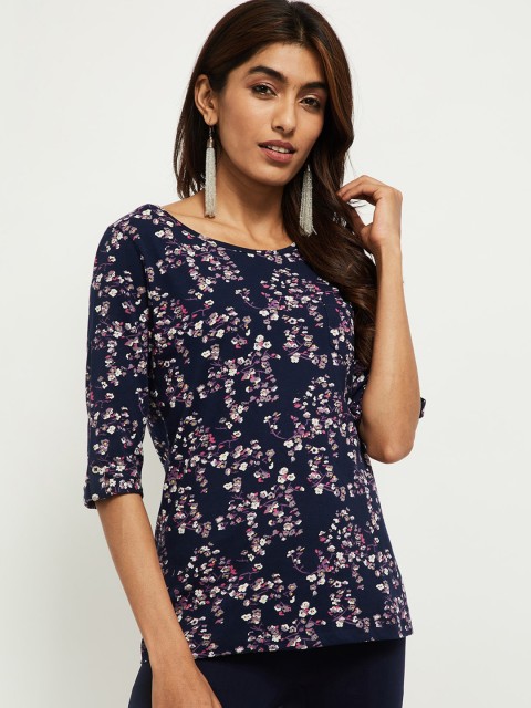 

max Women Navy Blue Printed Boat Neck T-shirt