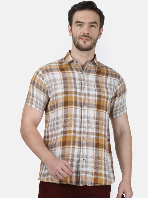 

Monte Carlo Men Off-White & Brown Pure Linen Checked Casual Shirt