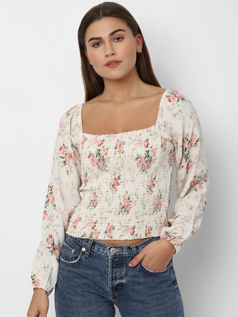 

AMERICAN EAGLE OUTFITTERS Cream-Coloured Floral Printed Regular Crop Top