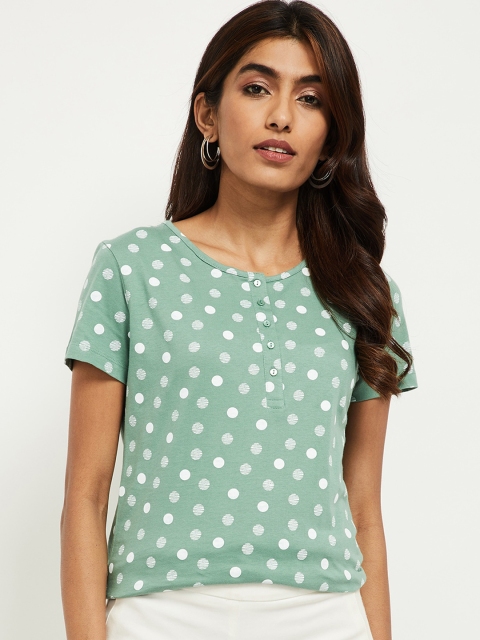 

max Women Green & White Pure Cotton Geometric Printed Henley Neck T-shirt