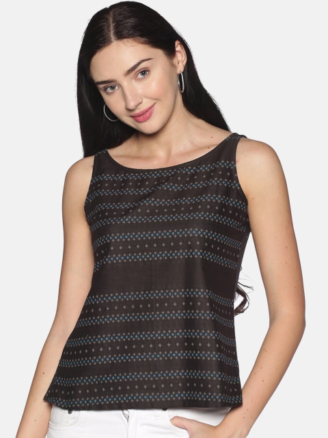 Saffron Threads Black Geometric Printed Cotton Linen Regular Top