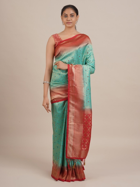 

Pothys Sea Green & Red Jute Silk Woven Design Saree