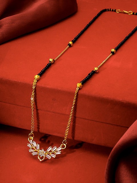 

aadita Gold-Plated Black & White AD-Studded Beaded Mangalsutra
