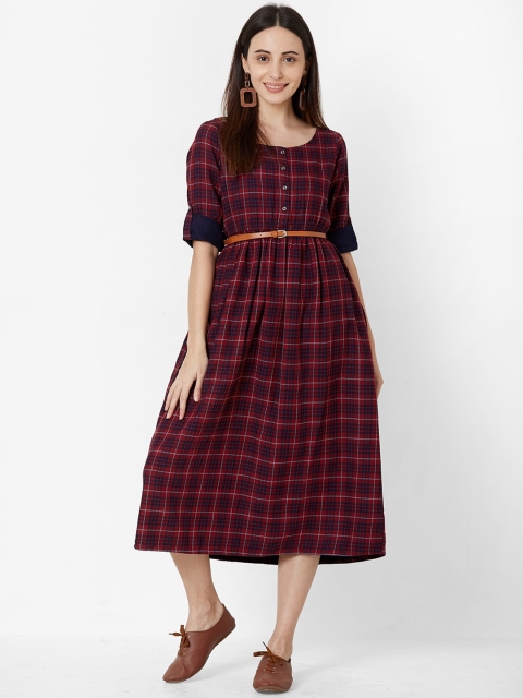 

ZOLA Women Maroon & Navy Blue Checked Fit and Flare Cotton Dress