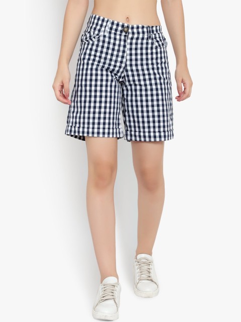 

Meee Women Blue & White Checked Regular Fit Regular Shorts