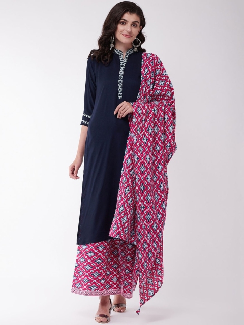 

InWeave Women Navy Blue & Pink Solid Kurta with Palazzos & Dupatta