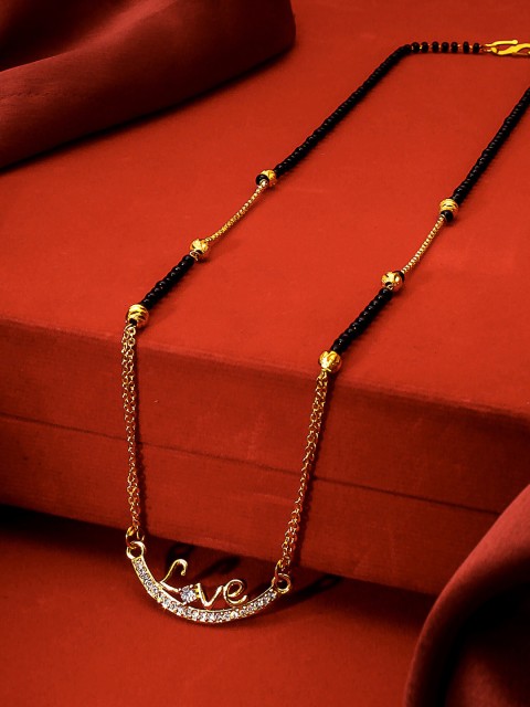 

aadita Gold-Plated Black Beaded & White AD-Studded Mangalsutra