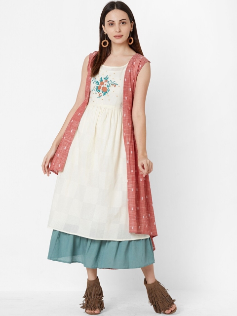

ZOLA Women Off-White Embroidered A-Line Layered Dress with Jacket