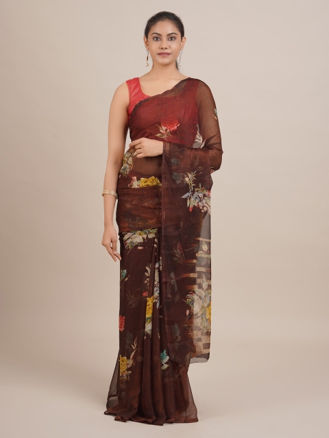 

Pothys Brown Printed Poly Georgette Saree