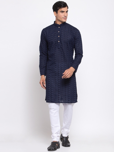 

Badoliya & Sons Men Navy Blue & White Embroidered Kurta with Churidar