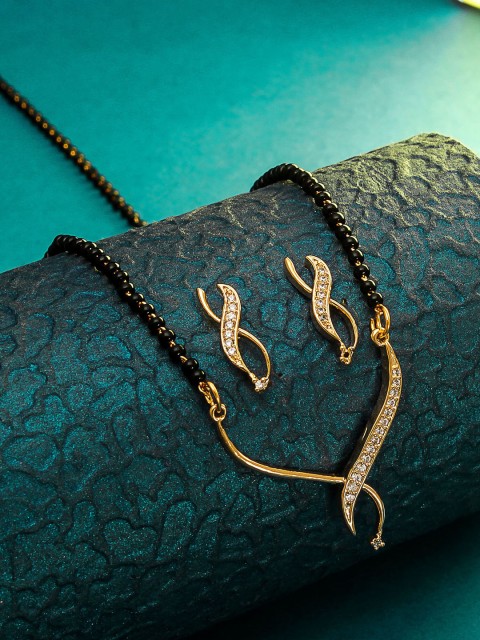 

aadita Gold & Black American Diamond Mangalsutra with Earrings