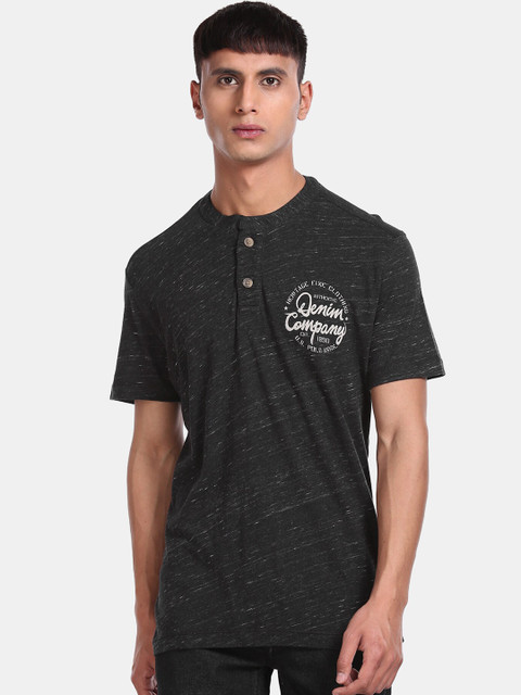 

U.S. Polo Assn. Men Black Self Design Henley Neck Cotton T-shirt