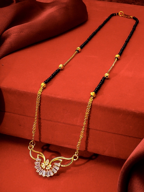 

aadita Gold-Plated Black & White AD-Studded & Beaded Mangalsutra