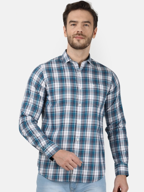 Monte Carlo Men White & Green Cotton Regular Fit Checked Casual Shirt