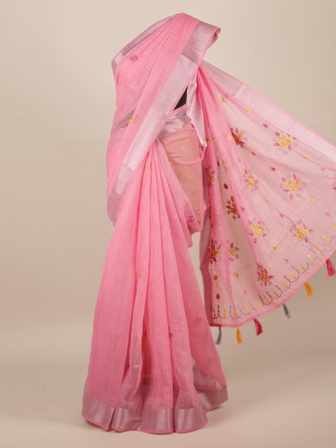 

Pothys Pink & Silver-Toned Jute Silk Embroidered Saree