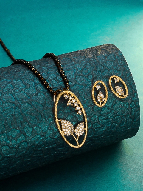 

aadita Gold & Black American Diamond Mangalsutra with Earrings