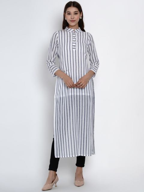 

Texco Women White & Navy Blue Striped Cotton Kurta